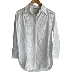 Rachel Zoe Eyelet Lace Tunic Top Sz M White Cotton Button Down Shirt Sheer EUC